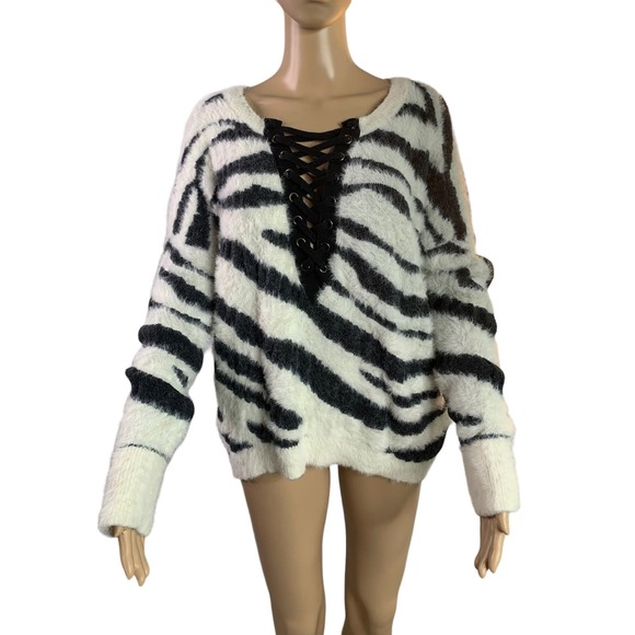 Express Zebra Animal Print Sweater Laced Front Fuzzy Soft Pullover Women's Large - Picture 2 of 10